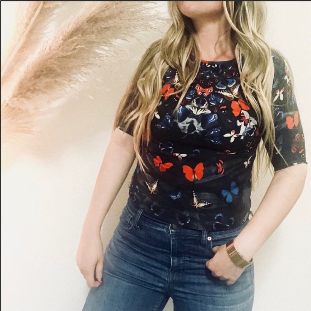 LOVERS + FRIENDS REVOLVE Black Red Butterfly Mariposa Silky Blouse Shirt Top XS